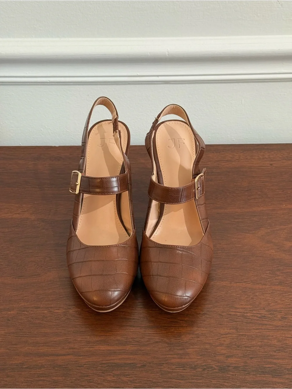 JF Brown Croc Embossed Mary Jane Slingback Platform Heels Size 8